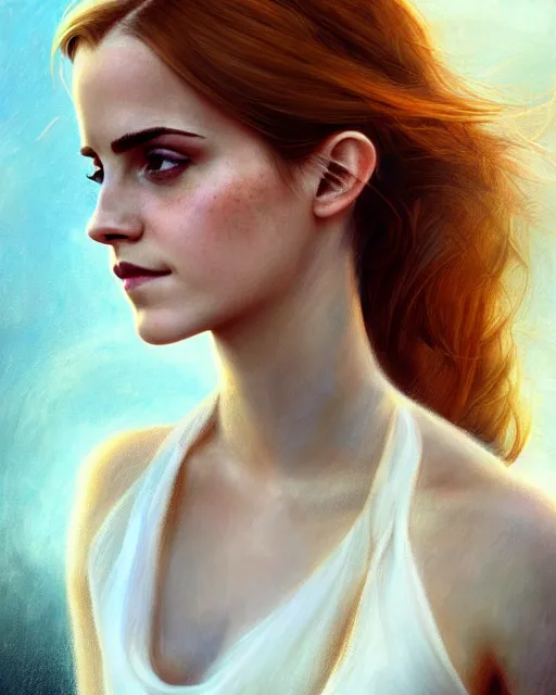 Prompt: emma watson, perfect face, white halter top, ginger hair, abs, cinematic, stunning, elegant, highly detailed, psychedelic, digital painting, artstation, smooth, hard focus, illustration, art by jessica rossier and and brian froud