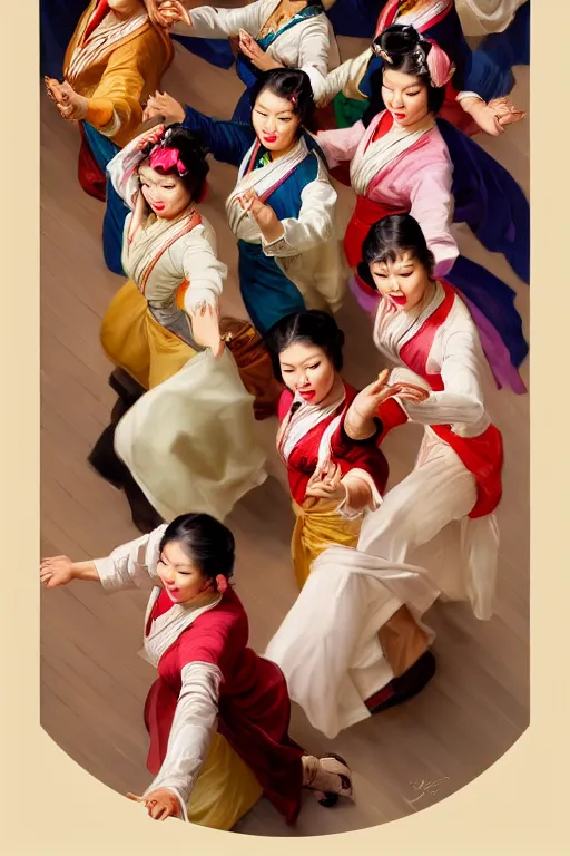 Image similar to top angle shot of group of asian females dancing, masterpiece painted by jc leyendecker, 8 k, high detail, fantasy art, dnd, artstation,