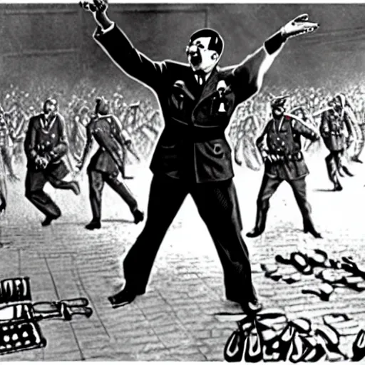 Prompt: adolf hitler going crazy during a rave, super realistic, hitler is dancing, highly detailed.