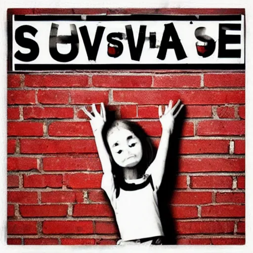 Image similar to huge poster “Save Us From Scissors”, on a brick wall