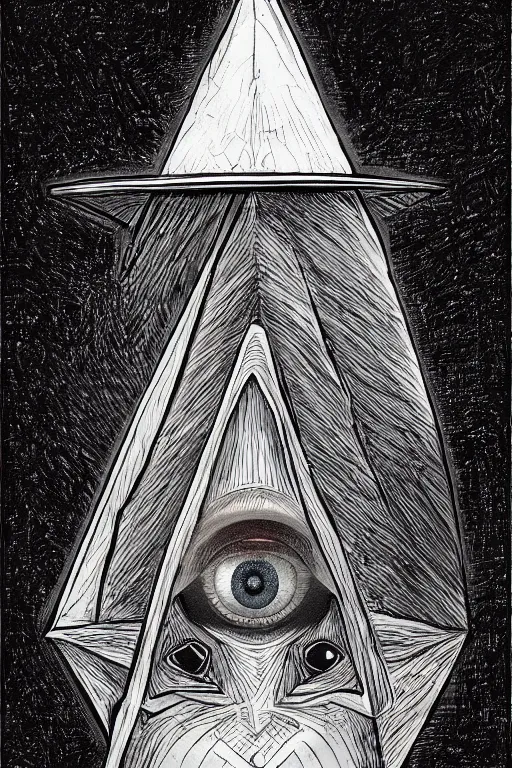 Prompt: portrait of triangle shaped head wearing wizard hat with single centered giant diamond eye, in the style of Greg Broadmore and Arthur Rackham,trending on artstation, light lighting side view,digital art,surrealism ,macro,blueprint ,vaporwave ,