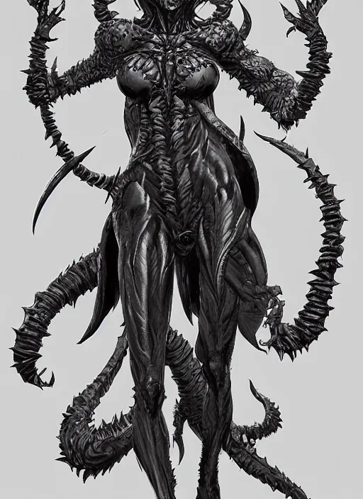 Image similar to a detailed full body demonic tiefling, queen of blades, by yusuke murata, by hiroya oku, trending on artstation