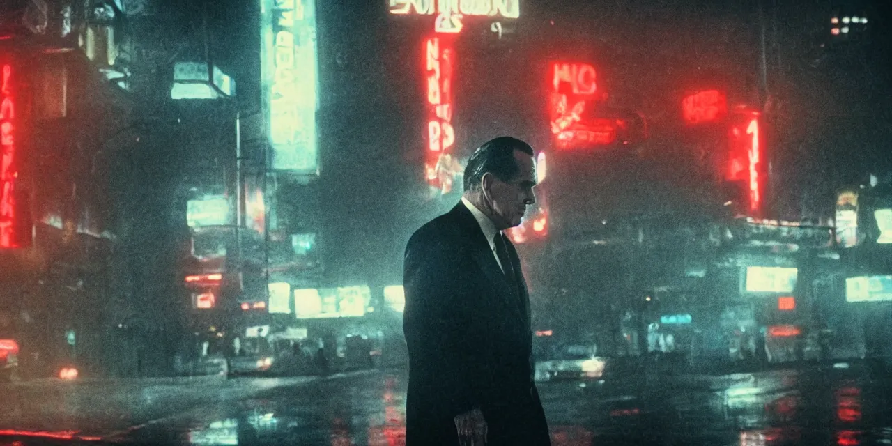 Prompt: Richard Nixon in Blade Runner 2049, high contrast, high saturation cinematic film still