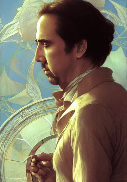 Image similar to nicholas cage, intricate, elegant, highly detailed, digital painting, artstation, concept art, smooth, sharp focus, illustration, art by artgerm and greg rutkowski and alphonse mucha and william - adolphe bouguereau