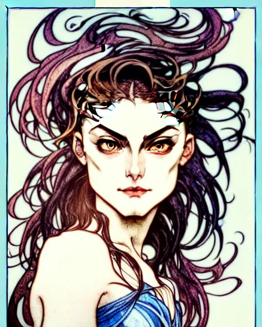 Image similar to in the style of artgerm, arthur rackham, alphonse mucha, phoebe tonkin, symmetrical eyes, symmetrical face, flowing blue skirt, full entire body, hair blowing, intricate filagree, hidden hands, warm colors, cool offset colors