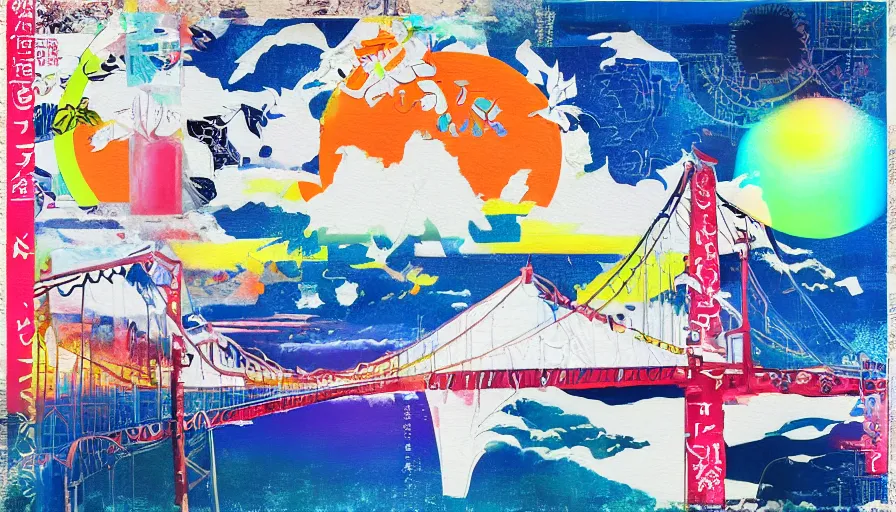 Image similar to Japan travel and adventure, minimalist negative space white acrylic base coat, mixed media collage acrylic airbrush painting by Jules Julien, Leslie David and Lisa Frank, muted colors with minimalism, neon color mixed collage cutout details