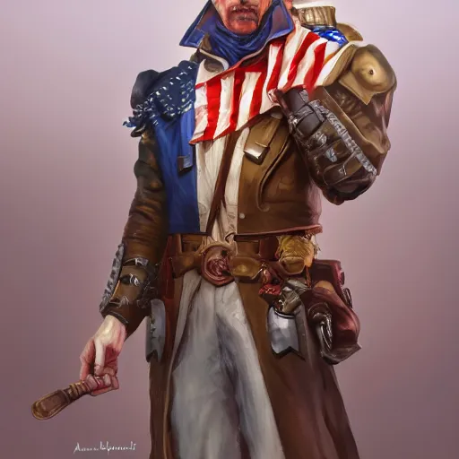 Prompt: portrait of a man in a continental battlecoat with an american flag belt, D&D, fantasy, elegant, hopeful, muscular, highly detailed, digital painting, artstation, concept art, smooth, sharp focus, illustration