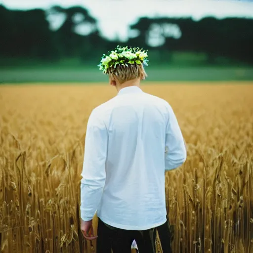 Prompt: kodak portra 4 0 0 photograph of a skinny blonde guy standing in field of wheat, back view, flower crown, moody lighting, telephoto, 9 0 s vibe, blurry background, vaporwave colors, faded!,