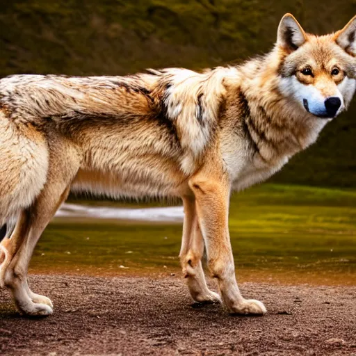 Prompt: professional photograph of a light brown tan and cream wolf, high quality, hd, 8 k, 4 k, magnificent, award - winning, nature, nature photography, awe - inspiring, highly detailed, amazing