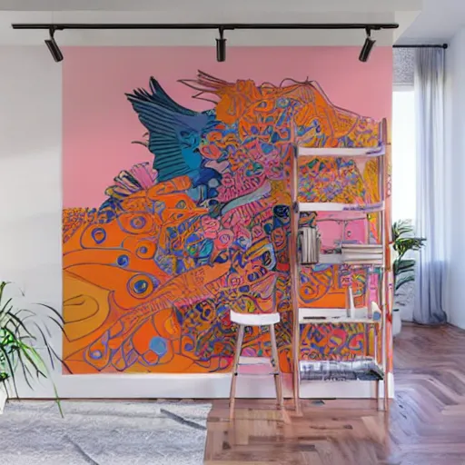 Prompt: an enormous mural in pink and orange, many colorful birds and exuberant fish kissing, urban Street art by refreshink, l7m, pantone, ghibli, alphonse mucha, Gustav klimt