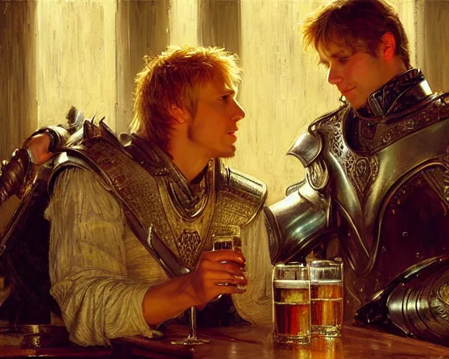 Image similar to attractive arthur pendragon and attractive lancelot go to a pub together to have some drinks. highly detailed painting by gaston bussiere, craig mullins, j. c. leyendecker 8 k