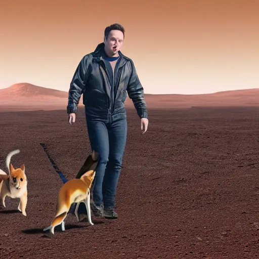 Prompt: a realistic photography of Elon Musk walking a Shiba Inu dog on Mars, beautiful space, interstellar, 8k