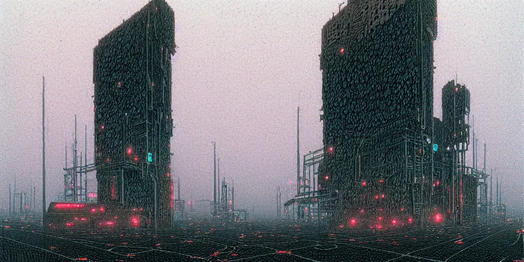 Prompt: grainy risograph matte painting of gigantic huge mech covered with wounds, black, pastel matte colors, staying in the foggy huge parking station, by moebius, hyperrealism, intricate detailed