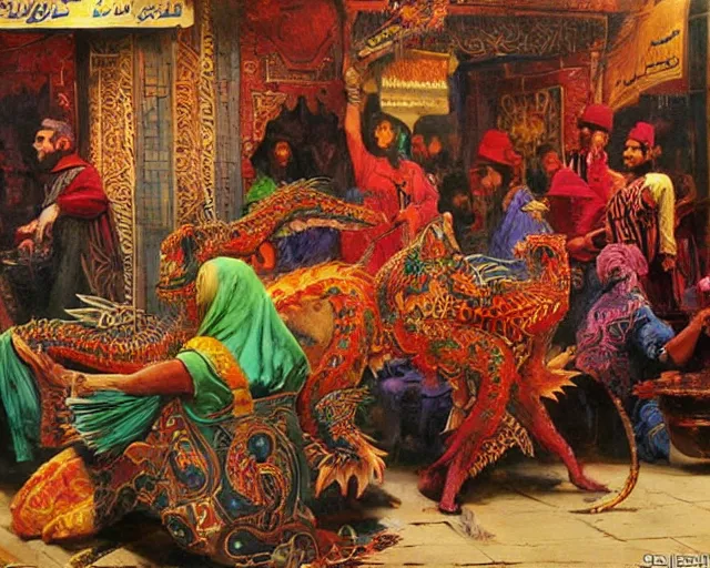 Image similar to an oil painting in the style of orientalism of dragons on display in a dragon auction in the grand bazaar of isfahan by edwin lord weeks