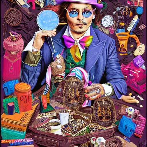 Prompt: Johnny Depp is covered in a blanket and drinking tea in Willy Wonka's Chocolate Factory, Illustration, Colorful, insanely detailed and intricate, super detailed, by mbsjq