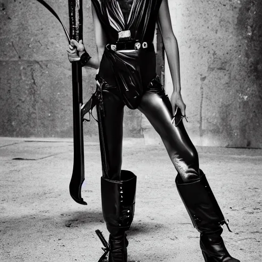 Image similar to fashion photography of an extraterrestrial model, holding a sword, wearing demobaza fashion, inside berghain, berlin fashion, harness, futuristic fashion, dark minimal outfit, photo 3 5 mm leica, hyperdetail, berghain, 8 k, very detailed, photo by nick knight