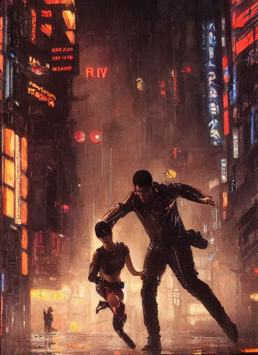 Image similar to blade runner fighting androids ( blade runner 2 0 4 9, cyberpunk 2 0 7 7 character design ). orientalist portrait by john william waterhouse and james gurney and theodore ralli and nasreddine dinet, oil on canvas. cinematic, hyper realism, realistic proportions, dramatic lighting, high detail 4 k