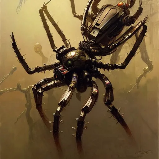 Prompt: highly detailed robot in the form of a spider, art by donato giancola, eugene delacroix, ruan jia, carl larsson, peter mohrbacher. trending on artstation, intricate details, energetic composition,, concept art, illustration, elegant art, global illuminaition