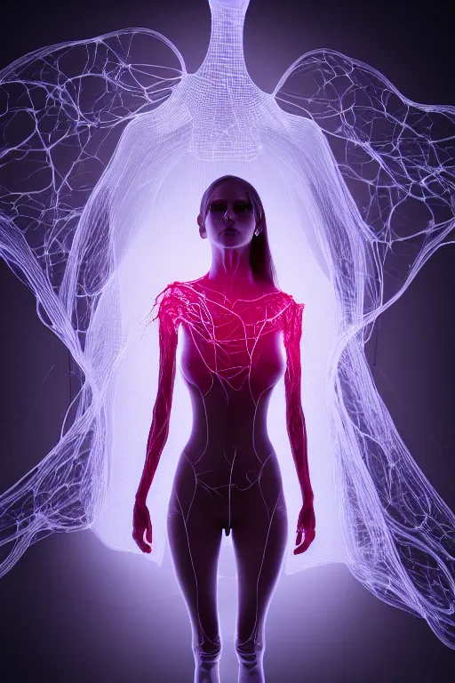 Image similar to a mesh female form composed of dark neurons and veins, see - through, subsurface illumination, cinematic, octane rander, photograph, 3 d, detail, character concept, portrait, dramatic volumetric lighting,