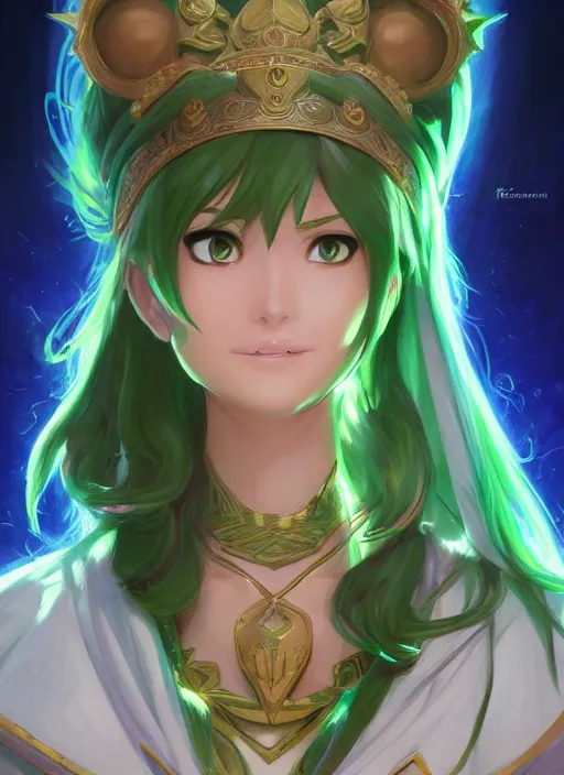 Prompt: portrait, head and torso only, palutena, trending on artstation, concept art, movie poster, fine detail, extremely detailed, sharp focus, smooth, digital illustration, by rossdraws, frank franzzeta, sakimichan, corrected hand, perfect hands