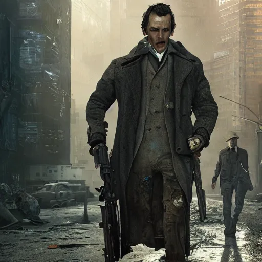 Prompt: Sherlock Holmes, Post apocalyptic, cyberpunk, ultra realistic, octane render, 8K, insanely detailed, insanely realistic detailed, photorealistic