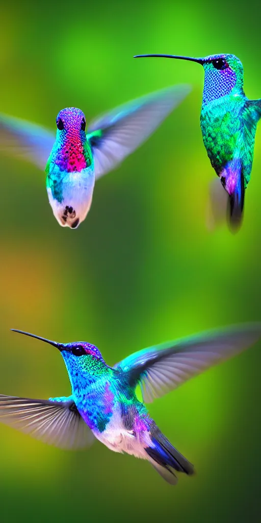 Prompt: luminescent hummingbirds, made of pure energy and intricate details, glowing, feeding on the nectar of the gods, macro lens, blur background