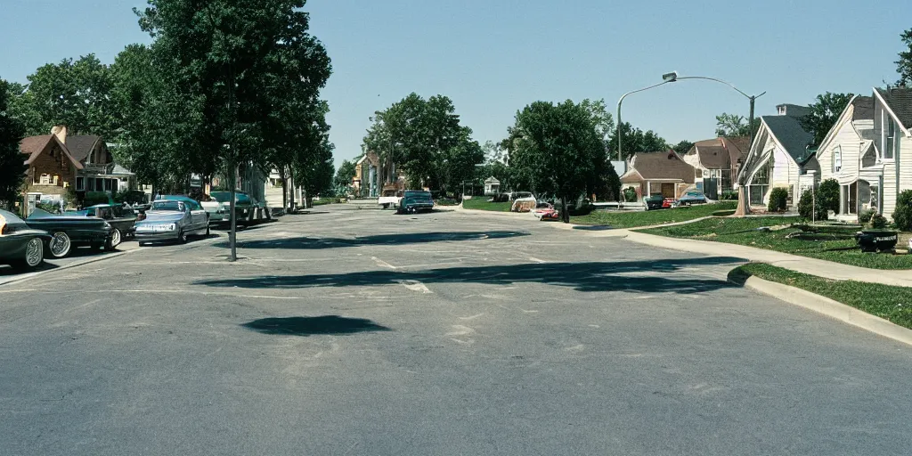 Image similar to a 90s photograph of a american suburban street at afternoon