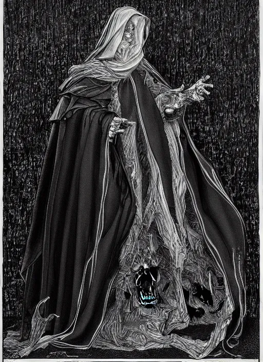 Image similar to fineart illustration of the necromancer wearing a black cloak, hyper detailed, crisp