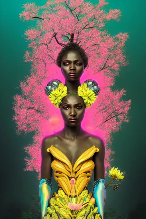 Image similar to illustration neo - rococo cinematic super expressive! yoruba goddess with exoskeleton armor, merging with tree in a forest, pink yellow flowers, highly detailed digital art masterpiece, smooth etienne sandorfi eric zener dramatic pearlescent soft teal light, ground angle hd 8 k, sharp focus