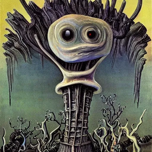 Prompt: painting of a landscape by h. r. giger and dr seuss | horror themed | creepy