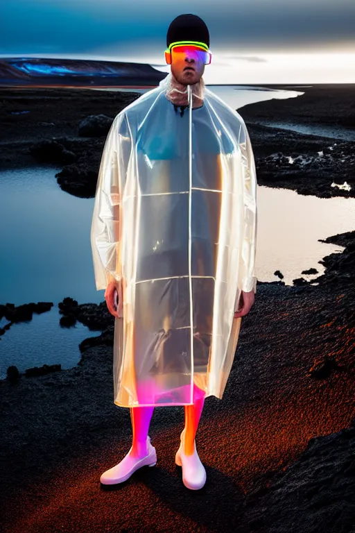 Image similar to an ultra high definition professional high fashion portrait studio full length photograph of a male model wearing a transparent pearlescent raincoat and neon visor in an icelandic black rock environment at dawn. no artefacts. extremely detailed. stark. refraction. shallow depth of field. volumetric light and shadow. ray tracing. light rays.