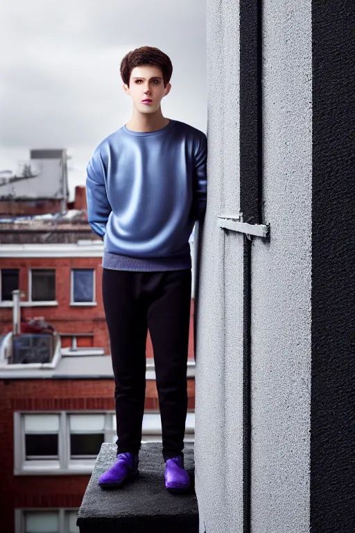 Image similar to un ultra high definition studio quality photographic art portrait of a young man standing on the rooftop of a british apartment building wearing soft padded silver pearlescent clothing. three point light. extremely detailed. golden ratio, ray tracing, volumetric light, shallow depth of field. set dressed.