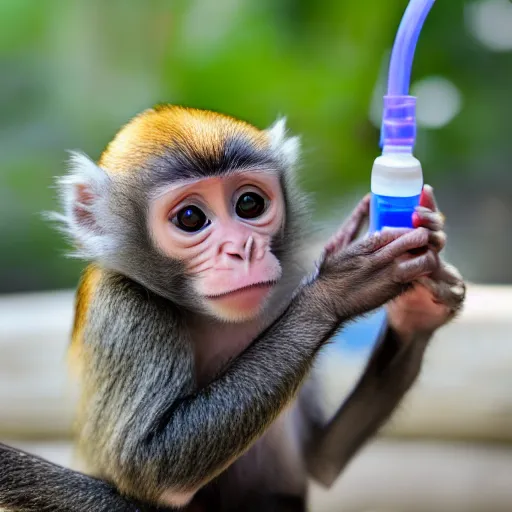 Prompt: cute baby monkey drinking water, 4k, realistic photo,