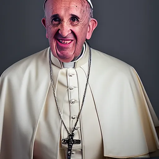 Prompt: portrait of a pope, wearing gold gangster chains, with gold teeth, studio portrait, studio lighting, studio photography, 5 0 mm, 4 k