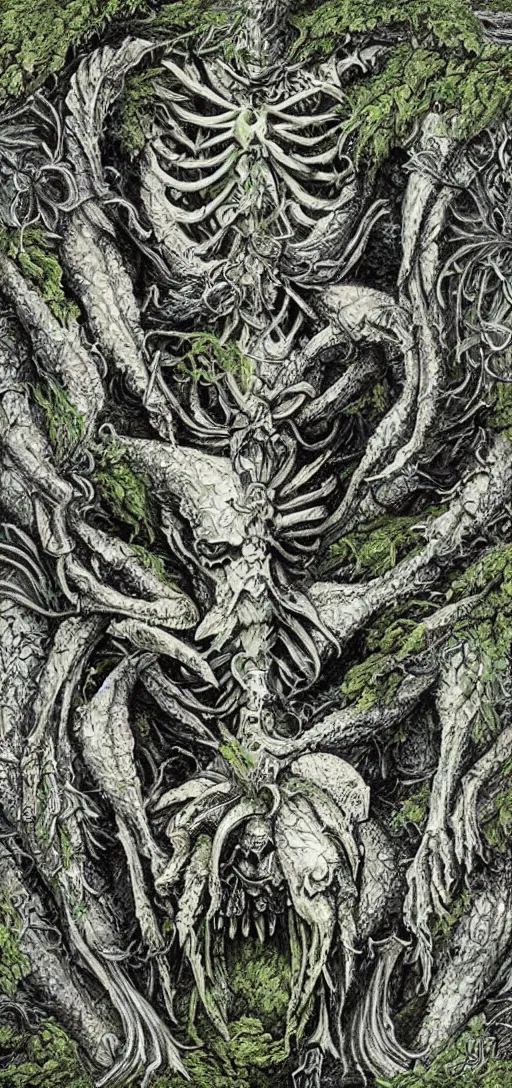 Image similar to white dragon skeleton covered in moss and flowers, intricate details, hyperrealistic, HR Giger