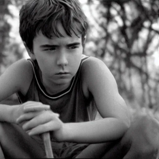 Prompt: isaac hempstead wright plays ralph in lord of the flies ( 1 9 6 3 ), 3 5 mm black and white, highly detailed, cinematic lighting