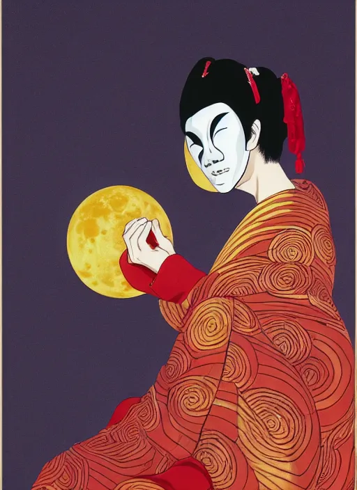 Image similar to portrait of a woman with a mask on his face in the form of a spiral in a golden kimono, full face, against the background of a bright red moon, sad motif, by hisashi eguchi, kentaro miura, and yoshitaka amano, soft colors, futuristic, 8 k