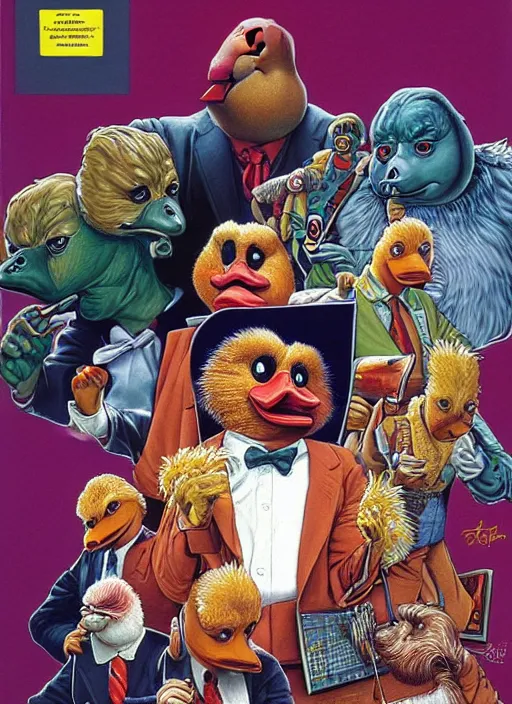 Image similar to portrait of Howard The Duck (1986) in Society (1989), highly detailed, centered, solid color background, digital painting, artstation, concept art, smooth, sharp focus, illustration, artgerm, donato giancola, Joseph Christian Leyendecker, Les Edwards, Ed Repka, WLOP, Artgerm