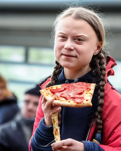 Prompt: film still close - up shot of greta thunberg giving a speech in a train station eating pizza, smiling, the sun is shining. newspapers falling from sky photographic, photography