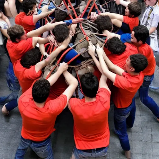 Prompt: catalan castellers making a 4 by 9 tower with lining and shackles