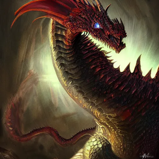 Image similar to digital painting of a dragon, fantasy, realistic textured scales, glowing eyes, sharp focus, artgem, boris valejo, frank frazetta, portrait, heavy metal style, trending on artstation, julie bell, beautiful, very detailed,