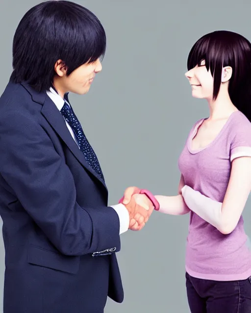 Prompt: a person shakes hands with an anime character in both styles