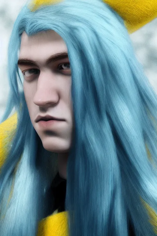 Image similar to a male teenager with long blue hair and yellow eyes wearing a winter overcoat, hyperrealistic, concept art, octane render, unreal engine 5, trending on artstation, high quality, 8 k, highly detailed, digital art, anatomically correct, symmetrical, realistic and defined face, high coherence, path traced, face portrait, yellow eyes, blue hair