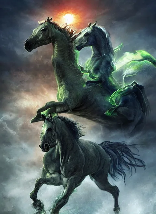 Prompt: the singular horseman of the apocalypse is riding a strong fierce ferocious rabid undead green stallion, horse is up on its hind legs, the strong male rider is death with a scithe, beautiful artwork by artgerm and rutkowski, breathtaking, beautifully lit, dramatic