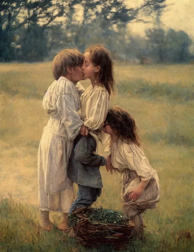 Prompt: peasant boy and girl first kiss, on a village, Cinematic focus, Polaroid photo, vintage, neutral colors, soft lights, foggy, by Steve Hanks, by Serov Valentin, by lisa yuskavage, by Andrei Tarkovsky 8k render, detailed, oil on canvas