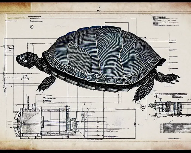 Image similar to a full page of a mechanical blueprint showing a cutaway design for a mechanized turtle from howl's moving castle ( 2 0 0 4 ), with a big head, muted colors, post grunge, studio ghibli, hq,