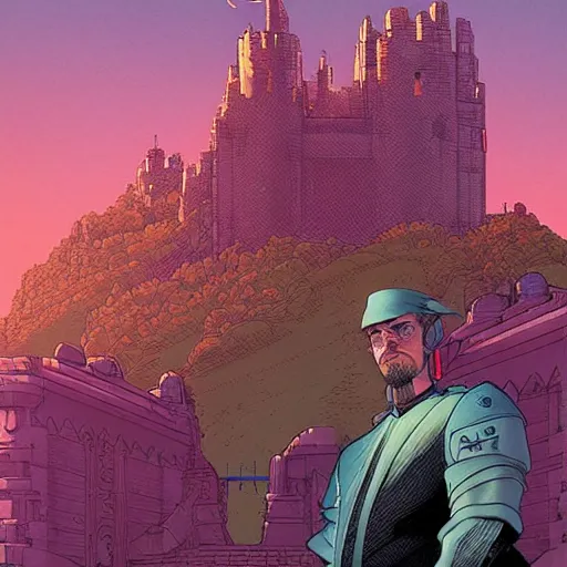 Prompt: a portrait of a noble lord in a scenic environment by josan gonzalez and moebius, castle in the background, correct facial proportions