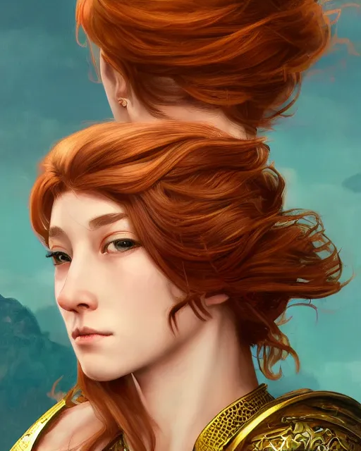 Image similar to Hyper realistic portrait of a strong female fighter with beautiful curly shiny copper hair and broad shoulders, she is from Troy and wears a golden armor, high contrast, artwork in the style of Alphones Mucha and Takumi Nagayasu, trending on artstation