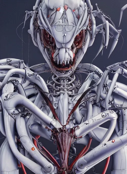 Prompt: Neon Genesis Evangelion by Yoshitaka Amano, by HR Giger, biomechanical, 4k, hyper detailed, hyperrealism, anime, deviantart, artstation