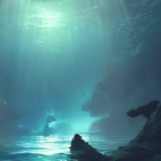 Prompt: falling into the deep, god rays underwater, drowning, artstation, 4k, by greg rutkowski,